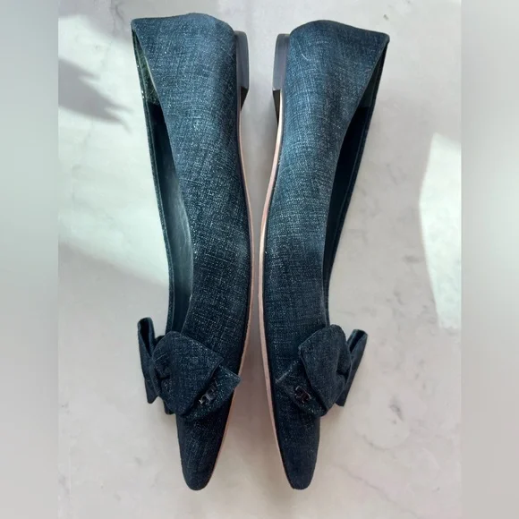 Tory Burch Navy Rosalind Pointed Toe Bow Flats sz 6.5 - Picture 8 of 9